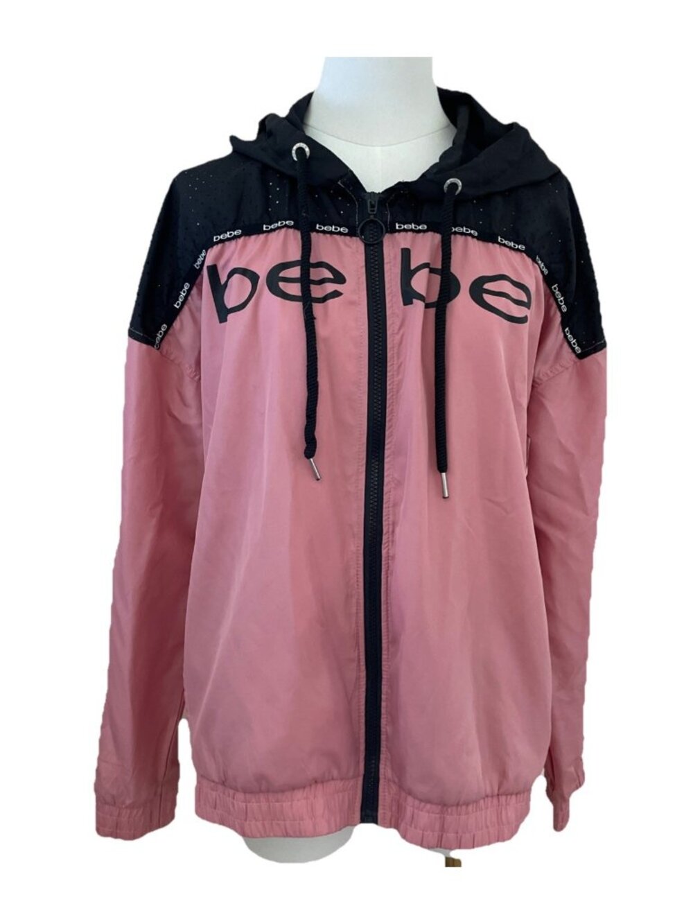 Y2K BEBE Women's Lightweight Hooded Jacket Size L Colorblock Spellout Sporty